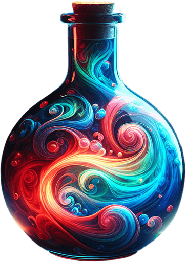 A potion bottle or flask swirling with multiple distinct colors (red, blue, green)..
Single Game Texture.  In-Game asset.  2d.  Blank background.  High contrast.  No shadows