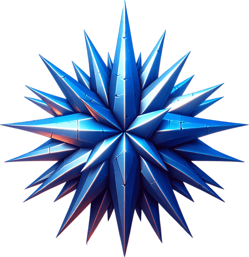 small star shape, vivid metallic blue, varying length spikes on star.
Single Game Texture. In-Game asset. 2d. Blank background. High contrast. No shadows.