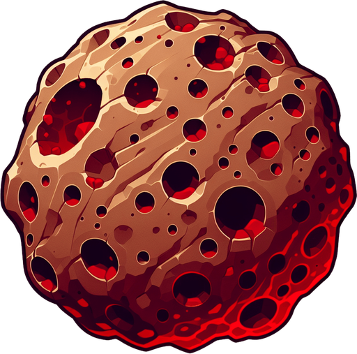 create a brown asteroid with red holes.
Single Game Texture.  In-Game asset.  2d.  Blank background.  High contrast.  No shadows