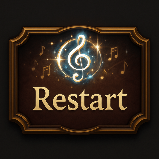 Design a stylish "Restart" button for a fantasy-themed tower defense game called Symphony Siege. The button should look like a polished UI element with a musical theme, fitting the visual style of a haunted concert hall.

Shape: rounded rectangle or ornate frame, with golden or bronze edges and a subtle wood or velvet texture background.

Icon: a circular restart arrow symbol (⟳ or similar), stylized like a treble clef or musical motif, glowing softly in white, gold, or blue.

Optional details: faint floating music notes, light reflections, or sparkles around the icon to suggest magical energy.

Text (optional): include the word "Restart" in elegant serif font, or leave it icon-only.

Make sure the design is readable at small sizes and fits with the existing UI style (clean, magical, classical). No clutter, no background image — just the button asset..
In-Game asset.  2d.  High contrast.  No shadows