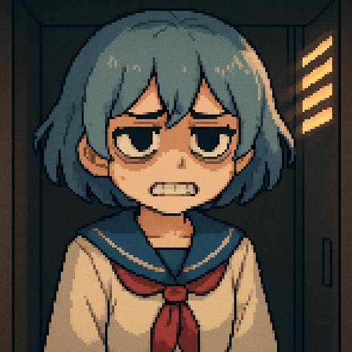 Yui is a cute 15-year-old anime girl with big black eyes and short, soft blue-gray hair (HEX: #b0b9d8). She wears a traditional Japanese school uniform called a sailor fuku. In this Pixel Art scene, Yui looks clearly upset—she has very noticeable dark circles under her eyes, her eyebrows are tense, and her teeth are pressed together in frustration. Her arms are relaxed and down at her sides, showing no physical aggression, just quiet tension. She’s inside a school locker, looking out through a metal grate with a serious, focused expression. The entire scene is viewed from inside the locker, with soft light coming through the vents, casting gentle shadows across her face and creating a slightly tense but family-friendly atmosphere.