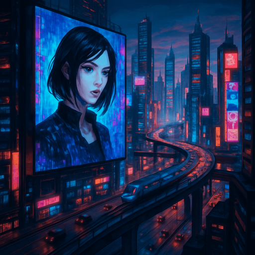 Cyberpunk city. have digital screens and digital girl have black hair talking on it. towers. from above. cars on roads. Trains roads. HD colors.