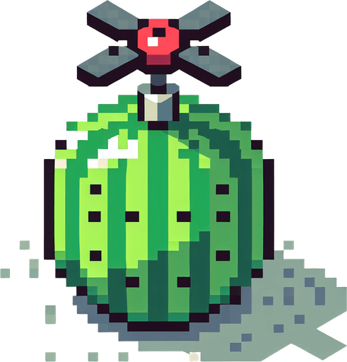 8-bit pixelated isometric cute watermelon with a rotor above.
Single Game Texture. In-Game asset. 2d. Blank background. High contrast. No shadows.