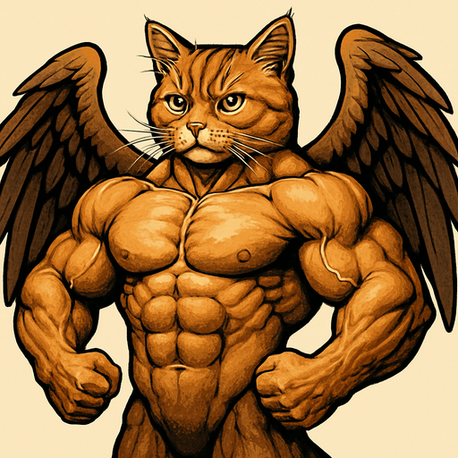 bodybuilder realistic cat with wing.
In-Game asset.  2d.  High contrast.  No shadows