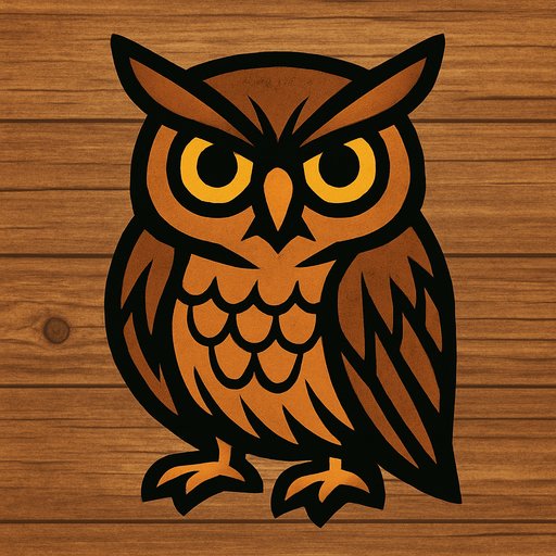 Owl Image with wooden background.
In-Game asset.  2d.  High contrast.  No shadows