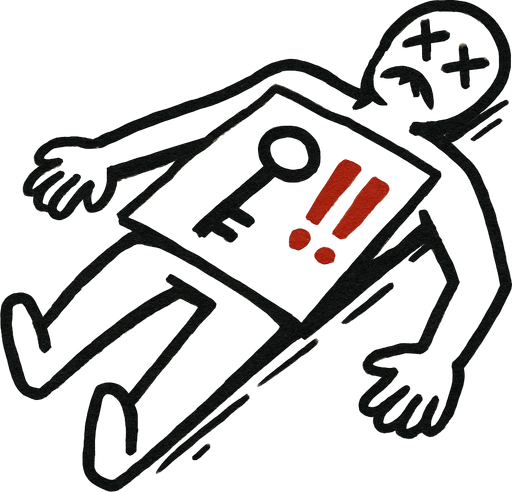 a drawing pic by pen about a dead body have paper on his stomach have key painting and "!!!" beside it, red color of "!!!".
In-Game asset.  2d.  High contrast.  No shadows