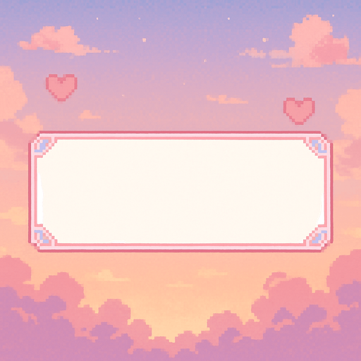 Ilustración en Pixel Art de un Name Box blanco, característico de una novela visual romántica, con detalles en colores pastel. El cuadro no contiene texto.