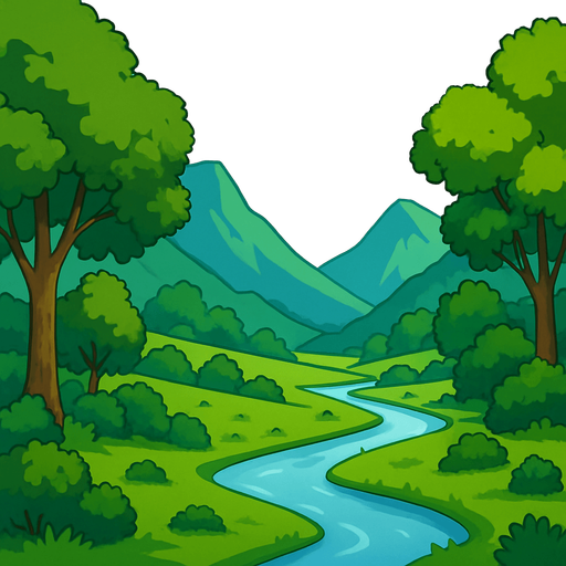 ünlü xp arkaplanı resmi gibi vadi arkapalnı ama ağçlar, çalılar ve nehir olsun 2d 2000x2200 boyutlarında.
In-Game asset.  2d.  High contrast.  No shadows