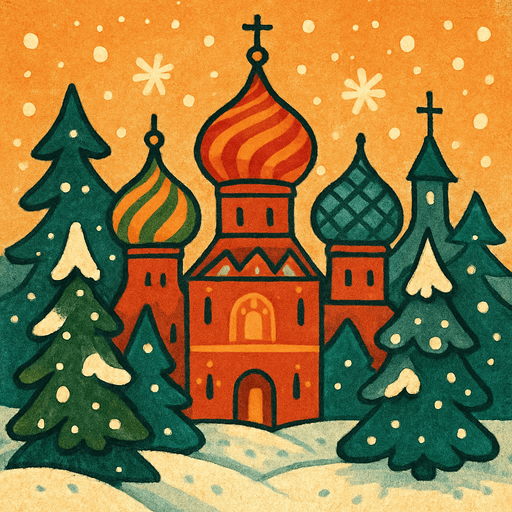 A snowy cartoon scene with colorful onion domes (like Saint Basil’s Cathedral), pine trees, and a festive winter vibe. Use a folk style with warm lighting. Perfect for a balalaika music level..
In-Game asset.  2d.  High contrast.  No shadows