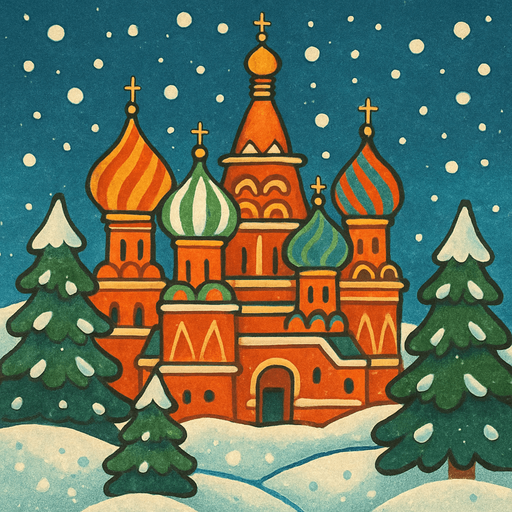 A snowy cartoon scene with colorful onion domes (like Saint Basil’s Cathedral), pine trees, and a festive winter vibe. Use a folk style with warm lighting. Perfect for a balalaika music level..
In-Game asset.  2d.  High contrast.  No shadows