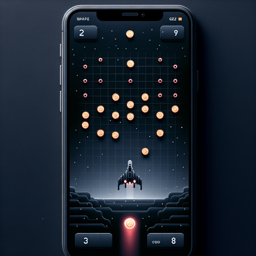 A clean and minimalistic game interface for a Galaxian-inspired game, viewed flat and straight from the front as a mobile app UI. At the bottom of the screen is a sleek, centrally aligned starship designed to fire single projectiles upward. The background features a simple, dark space theme with scattered stars and soft gradients, maintaining a futuristic yet uncluttered aesthetic.

At the top of the screen, coins are arranged in an 8-column by 4-row grid formation, resembling a classic bug-like pattern. Among these, four consecutive coins in the central row are replaced with glowing red digits '3,' '6,' '9,' and '8,' positioned prominently. These digits are larger, brighter, and pulse subtly, making them stand out distinctly from the neutral-colored coins while remaining seamlessly integrated into the grid. The clean layout highlights the digits' importance while keeping the overall design sleek and user-friendly.
Single Game Texture. In-Game asset. 2d. Blank background. High contrast. No shadows.