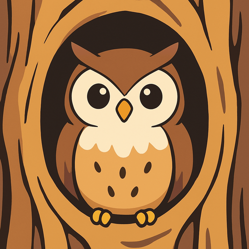 gambar 2d anime burung hantu dalam lubang pohon.
In-Game asset.  2d.  High contrast.  No shadows