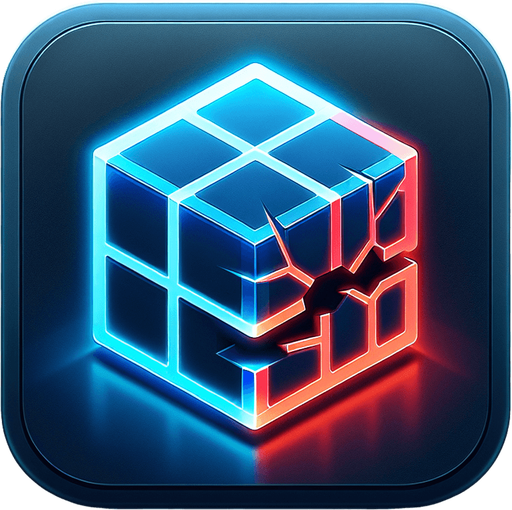 A square app store icon with rounded edges, designed for a Cube Cracking app. The icon features an isometric Rubik's cube in the center, with one side glowing in simple neon blue lines, inspired by Tron, and the opposite side subtly tinted red, with minimal cracks to suggest corruption. The background is a clean gradient of dark grey to black, with a faint glow emanating from the cube's edges. The design remains sleek and minimal, focusing on the contrast between the orderly blue side and the corrupted red side.
Single Game Texture. In-Game asset. 2d. Blank background. High contrast. No shadows.