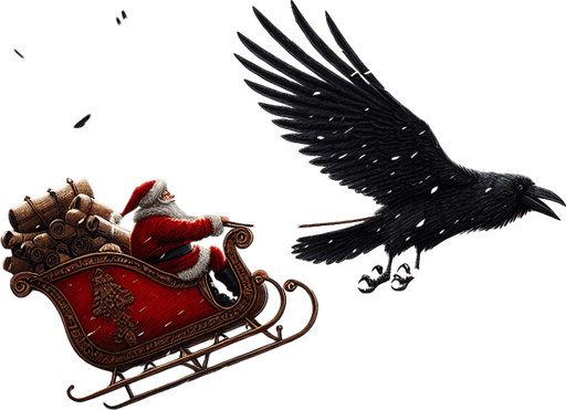 a pergament with a flying santa on his sledge hiding for ravens and storms. In front of him is a chimney. There is the text: "Flying low can save you from the birds and bad weather, but there are dangers too"
