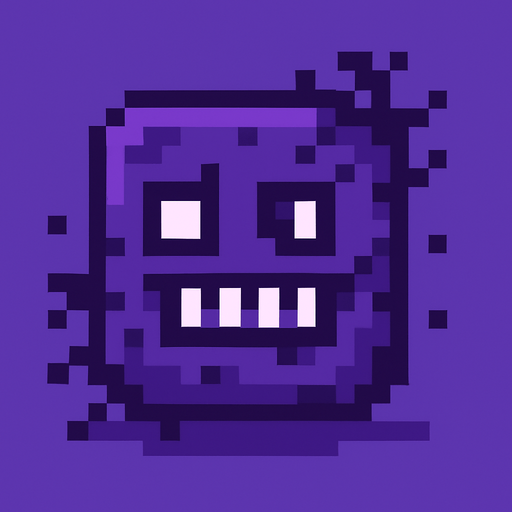 Genera una imagen de un corrupto pixel,  y que no sea terrorífico y que sea morado.
In-Game asset.  2d.  High contrast.  No shadows