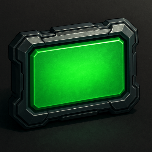 Create si-fi realistic Green Rectangle BUTTON with 3D views. In-Game asset. 2d. High contrast. With shadows.