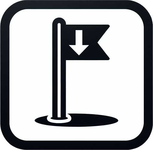 Drapeau de golf avec un flèche vers le bas.
Single Game Texture. In-Game asset. 2d. Blank background. High contrast. No shadows.