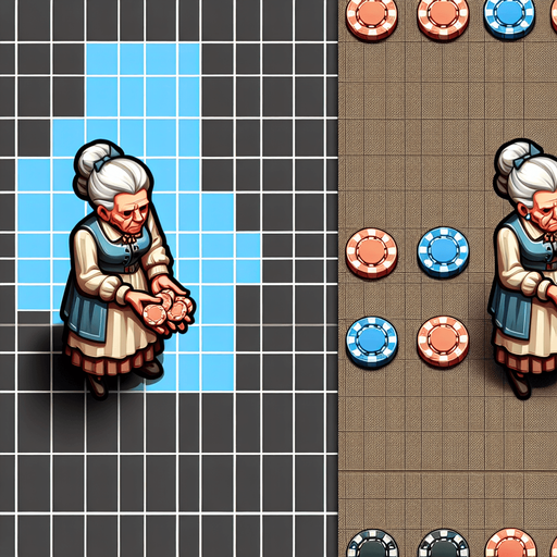 Top down image of an old lady carrying poker tokens. Single Game Texture. In-Game asset. 2d. Blank background. High contrast. No shadows.