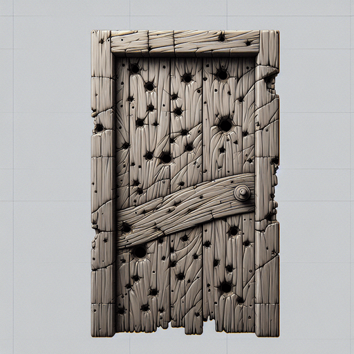 a crooked door with holes in it.
Single Game Texture. In-Game asset. 2d. Blank background. High contrast. No shadows.