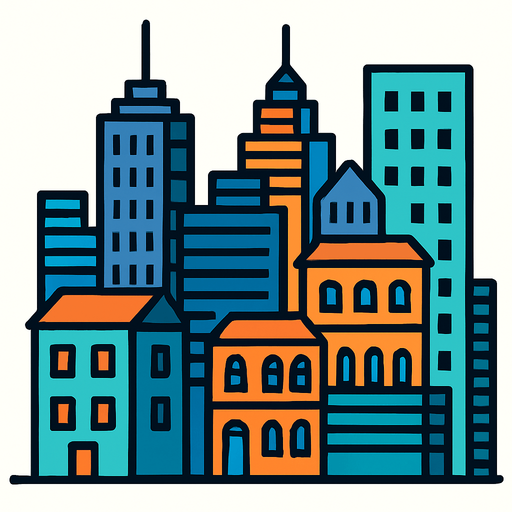 şehir resmi binalar.
In-Game asset.  2d.  High contrast.  No shadows