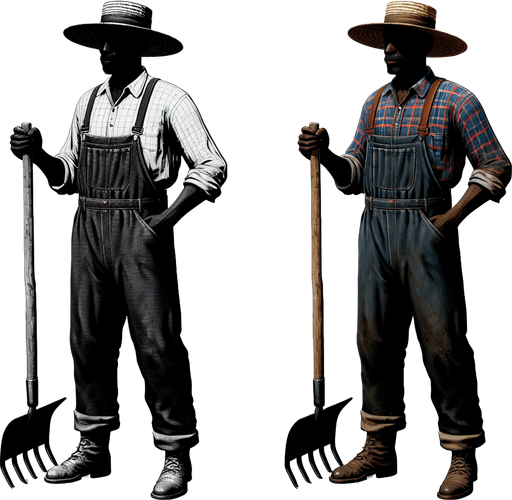 Farmer.
Single Game Texture.  In-Game asset.  2d.  Blank background.  High contrast.  No shadows