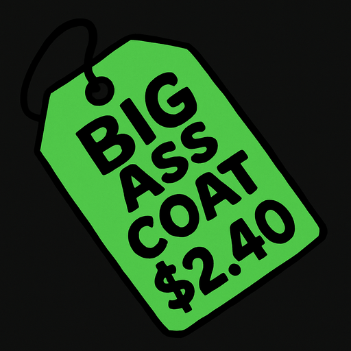 Green Discount price tag that says Big ass coat $2.40.
In-Game asset.  2d.  High contrast.  No shadows