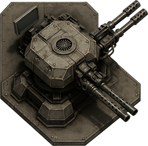 Namusu olmayan Teknolojik askeri saldırı kulesi, üstten görünüm, gerçekçi, yazısız.
In-Game asset.  High contrast.  No shadows