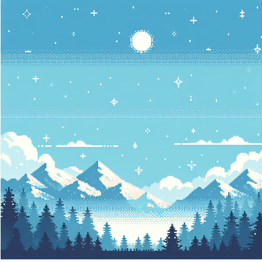 Create a pixel rendition of a winter skyline for a pixel game. The image should feature a light blue sky dominating the scene, with subtle pixelated outlines of mountain crests at the bottom. The sky needs to be clear and bright, showcasing the crispness of a winter day in a pixel art style. Use a gradient of light blue near the pixelated mountain silhouettes, gradually transitioning to a deeper blue towards the top of the image, all in a charming, pixelated format to evoke a serene, wintry atmosphere.. 8 bit. Single Game Texture. In-Game asset. 2d. Blank background. High contrast. No shadows.