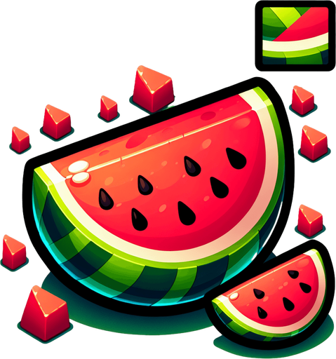 cut watermelon.
Single Game Texture. In-Game asset. 2d. Blank background. High contrast. No shadows.