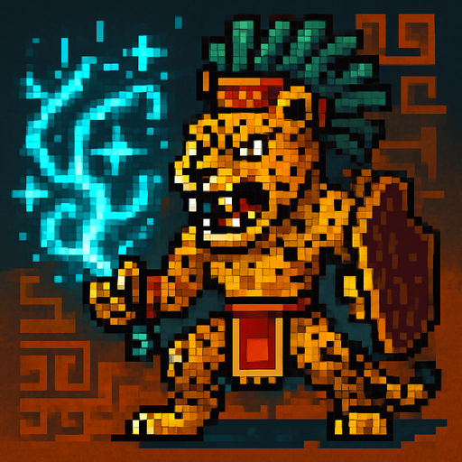 Generame un jaguar guerrero con efectos de energia estilo magico, pixelar, con ambientacion azteca.
In-Game asset.  2d.  High contrast.  No shadows