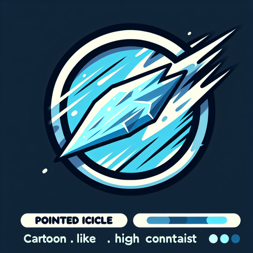 Icon for a very speedy icicle, on a circle, with the text „pointed Icicle“ at top, cartoon Single Game Texture. In-Game asset. 2d. Blank background. High contrast. No shadows.