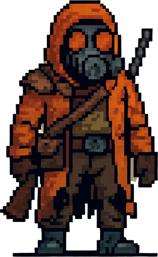 Post apocalyptic man pixel art less pixel.
In-Game asset.  2d.  High contrast.  No shadows. Pixel art