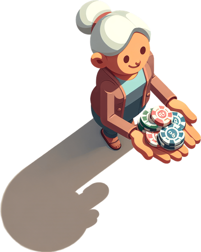 Top down image of an old lady carrying poker tokens. Single Game Texture. In-Game asset. 2d. Blank background. High contrast. No shadows.