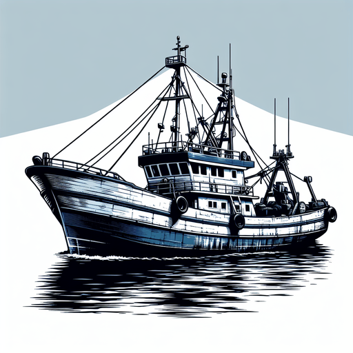 blue white color fishing ship.
Single Game Texture.  In-Game asset.  2d.  Blank background.  High contrast.  No shadows