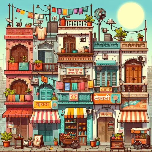 Create 2D cartoon-style Indian street buildings for a side-scrolling background. Include colorful shops with Hindi signboards, tea stalls, fruit carts, clotheslines with hanging clothes, and balconies with flower pots. Add hanging wires, fans, and posters on the walls for detail. Style should be vibrant, humorous, and full of character, matching a fun endless runner game..fore ground sky with sun
Single Game Texture.  In-Game asset.  2d.  Blank background.  High contrast.  No shadows