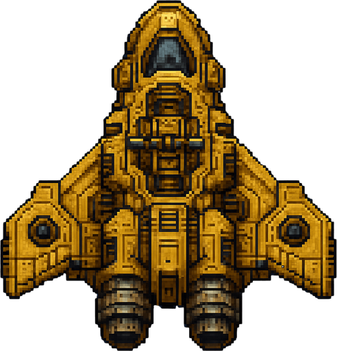 Бронированный летающий корабль звездолет пиксельный вид сверху 2д.
In-Game asset.  2d.  High contrast.  No shadows