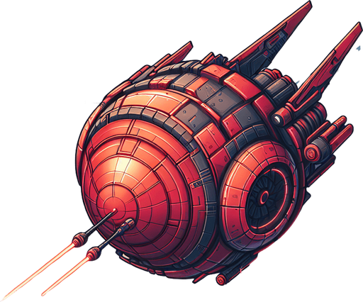 A round red spaceship with a dual laser turret..
Single Game Texture. In-Game asset. 2d. Blank background. High contrast. No shadows.