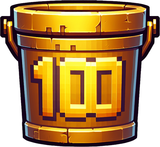 golden bucket with 100 text on it. front view. 
Single Game Texture. In-Game asset. 2d. Blank background. High contrast. No shadows. pixel. 8 bit
