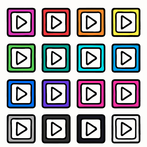 a sprite sheet for a 2D illustration of colored square buttons containing a minimalistic triangle arrow inside them, for a rythm based musical casual mobile game.
In-Game asset.  2d.  High contrast.  No shadows