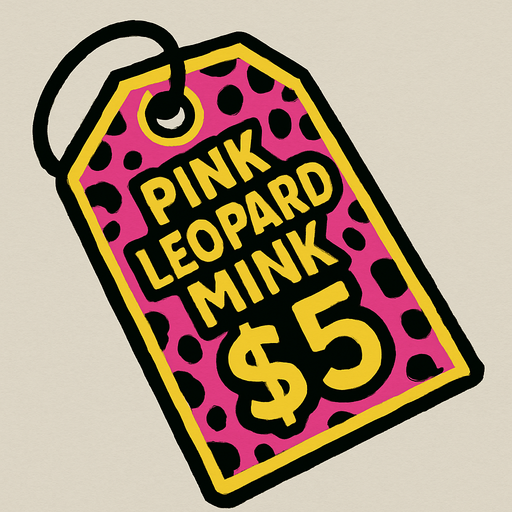 price tag that says pink leopard mink $5.
In-Game asset.  2d.  High contrast.  No shadows