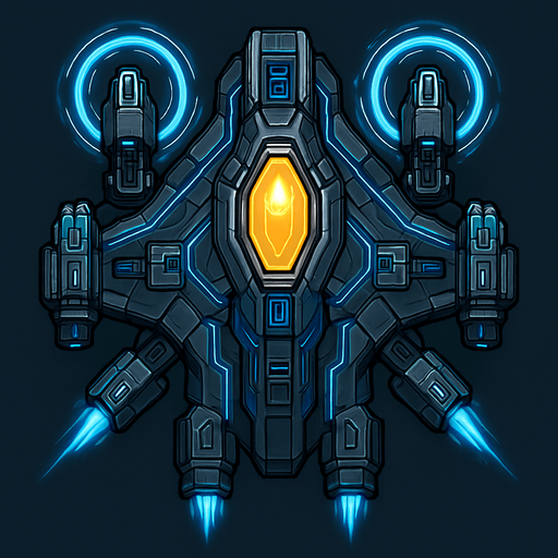 Transform the ship into a high-tech 2D top-down spacecraft. Add shield emitters with rotating energy halos, four weapon slots, side thrusters, and an enhanced cockpit with a golden or crystal-like glow. The silhouette is wider and more refined. Visuals should include detailed paneling, moving parts, and advanced energy flows..
In-Game asset.  2d.  High contrast.  No shadows
