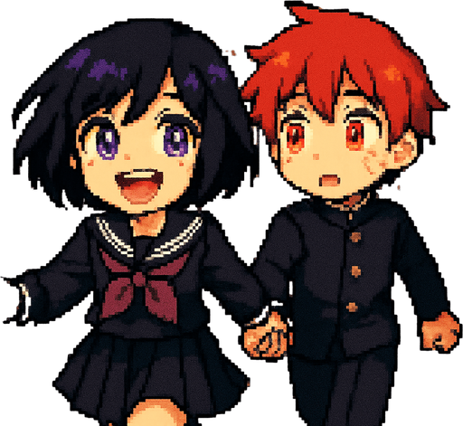 A cute anime-style girl with an emo aesthetic and striking purple eyes wears a traditional Japanese school uniform (sailor fuku). With a wide, toothy smile and sparkling eyes full of excitement, she runs joyfully while holding hands with a sweet red-haired boy with vivid red eyes, dressed in a classic gakuran school uniform. The boy, surprised and slightly flustered, has a question mark floating above his head as he's pulled along by the girl's energy. Behind them stretches a Japanese school hallway, all rendered in a charming Pixel Art style.