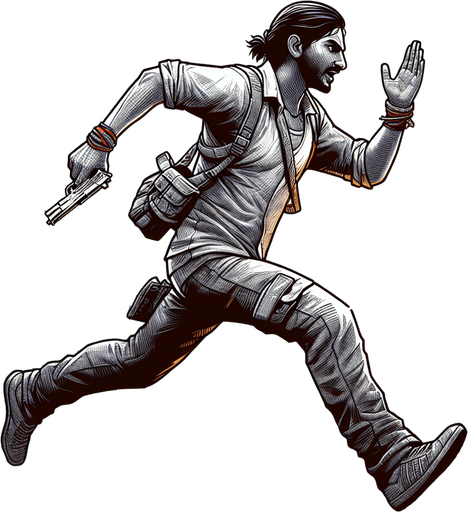 A running man running for his life.
Single Game Texture.  In-Game asset.  2d.  Blank background.  High contrast.  No shadows