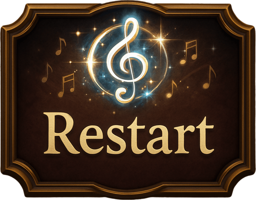 Design a stylish "Restart" button for a fantasy-themed tower defense game called Symphony Siege. The button should look like a polished UI element with a musical theme, fitting the visual style of a haunted concert hall.

Shape: rounded rectangle or ornate frame, with golden or bronze edges and a subtle wood or velvet texture background.

Icon: a circular restart arrow symbol (⟳ or similar), stylized like a treble clef or musical motif, glowing softly in white, gold, or blue.

Optional details: faint floating music notes, light reflections, or sparkles around the icon to suggest magical energy.

Text (optional): include the word "Restart" in elegant serif font, or leave it icon-only.

Make sure the design is readable at small sizes and fits with the existing UI style (clean, magical, classical). No clutter, no background image — just the button asset..
In-Game asset.  2d.  High contrast.  No shadows