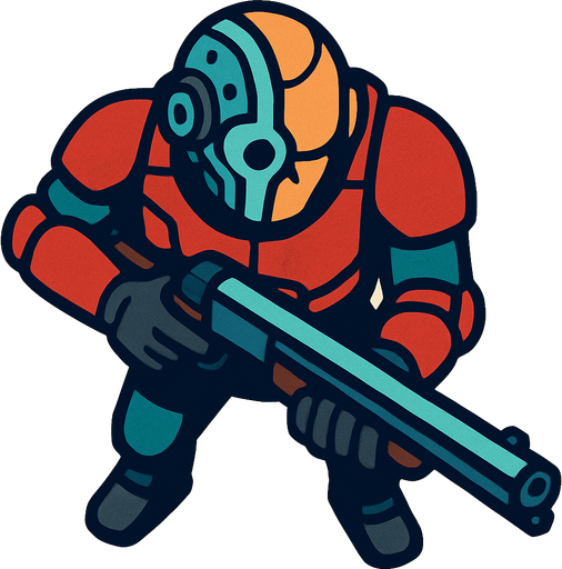 Un cibor visto desde arriba con una escopeta en las manos.
In-Game asset.  2d.  High contrast.  No shadows