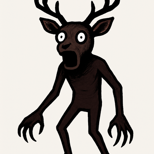 Cabeza de Ciervo: La figura posee una cabeza detallada de ciervo, con astas ramificadas de color oscuro (posiblemente negro o marrón oscuro). Tiene orejas puntiagudas y un hocico prominente de un tono más claro que el resto del cuerpo. Los ojos son grandes, completamente blancos con pupilas negras pequeñas y redondas, lo que le confiere una mirada vacía y sorprendente. La boca está abierta en una expresión que podría interpretarse como un grito o una mueca.

Cuerpo Humanoide: El cuerpo es de forma vagamente humana, con dos brazos largos y delgados que terminan en manos con lo que parecen ser garras o dedos muy alargados. Las piernas son también delgadas y la postura sugiere que está de pie. El color del cuerpo es principalmente marrón oscuro o morado oscuro..
In-Game asset.  2d.  High contrast.  No shadows