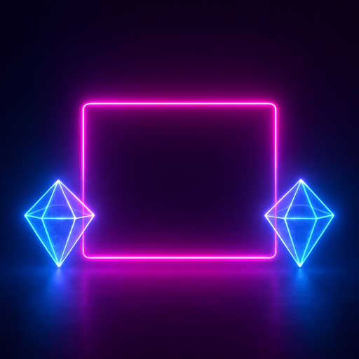 Neon cyberpunk rectangular empty outline flat two crystals hologram 2 glowing Diamonds on each side symmetrical selection highlight overlay