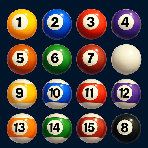 16 ball of billiard, 3D colors, 3d texture, HD colors.
In-Game asset.  High contrast.  No shadows. 3D