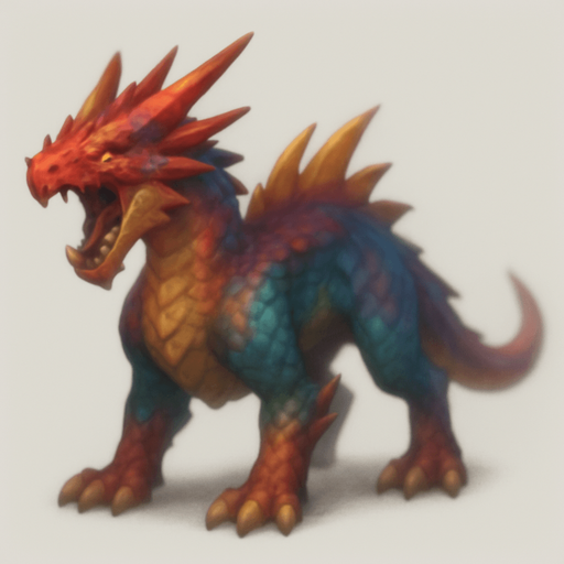 Different standing dragon on four legs, looking down. have mixed colors. Blur. the dragon is opened mouth like he is ready to shout. 
Single Game Texture. In-Game asset. 3D. Blank background. High contrast. No shadows.