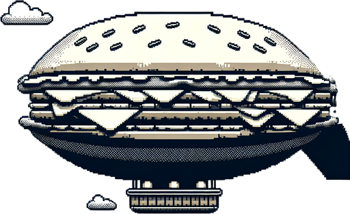 an evil burger airship.
Single Game Texture. In-Game asset. 2d. Blank background. High contrast. No shadows. 8bit